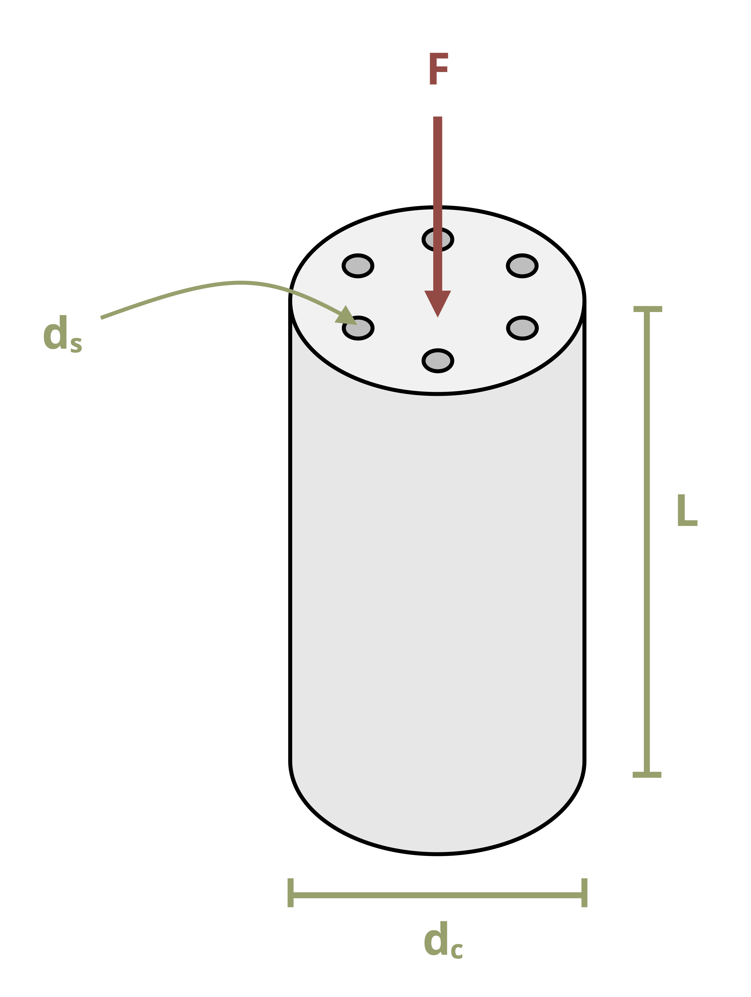 A concrete post with 6 steel rebar rods embedded in the concrete supports a load, F. The post has diameter d[c] and the rebar rods have diameter d[s].