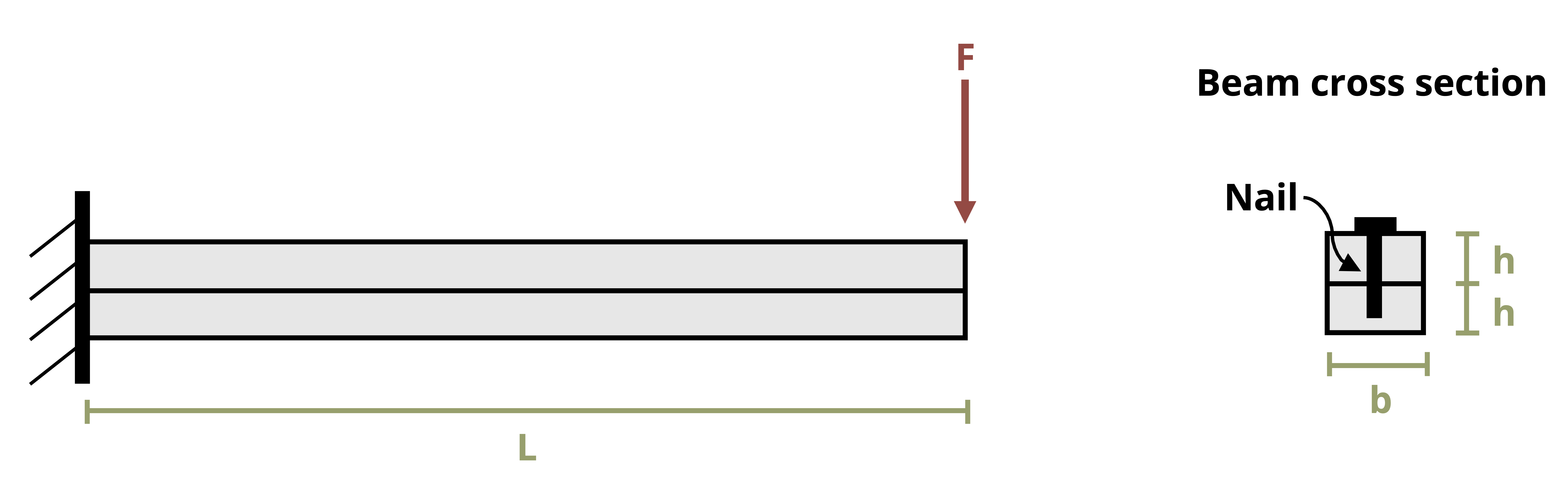 A beam of length L is secured to the wall on the left end. A force F is applied at the right end. The beam has a cross section of height h and width b, with a nail at b/2 going through the beam.