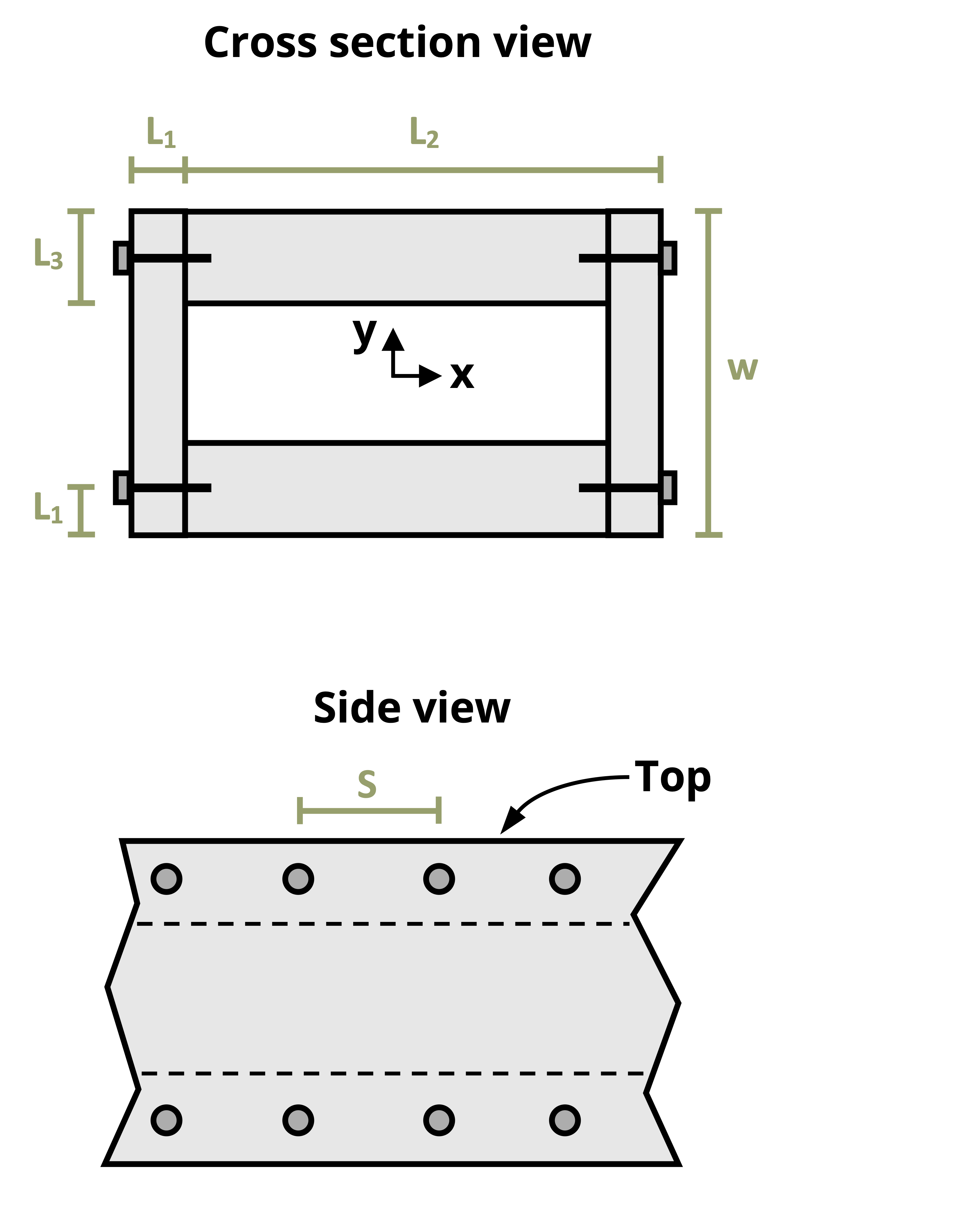 Picture with a built up box beam being subjected to a shear force. The box has a height of 8 in and a width of 10 in. Nails are placed in the box 1 in from the bottom and 2in from the top on both sides. The spacing between nails on the side view is s The thickness of all wooden members is 1 in.