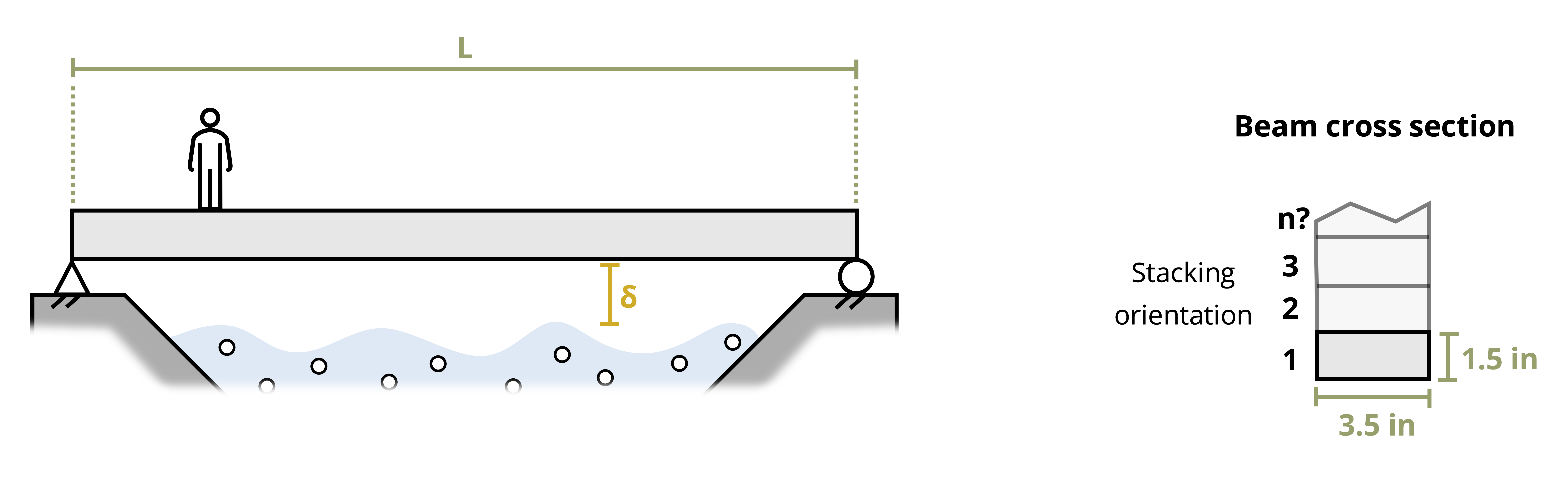 Picture with a simply supported beam supporting a person spanning a gap. The beam is of length L and is distance delta above the lava. The beam has a 2x4 cross section of 1.5 in by 3.5 inches.