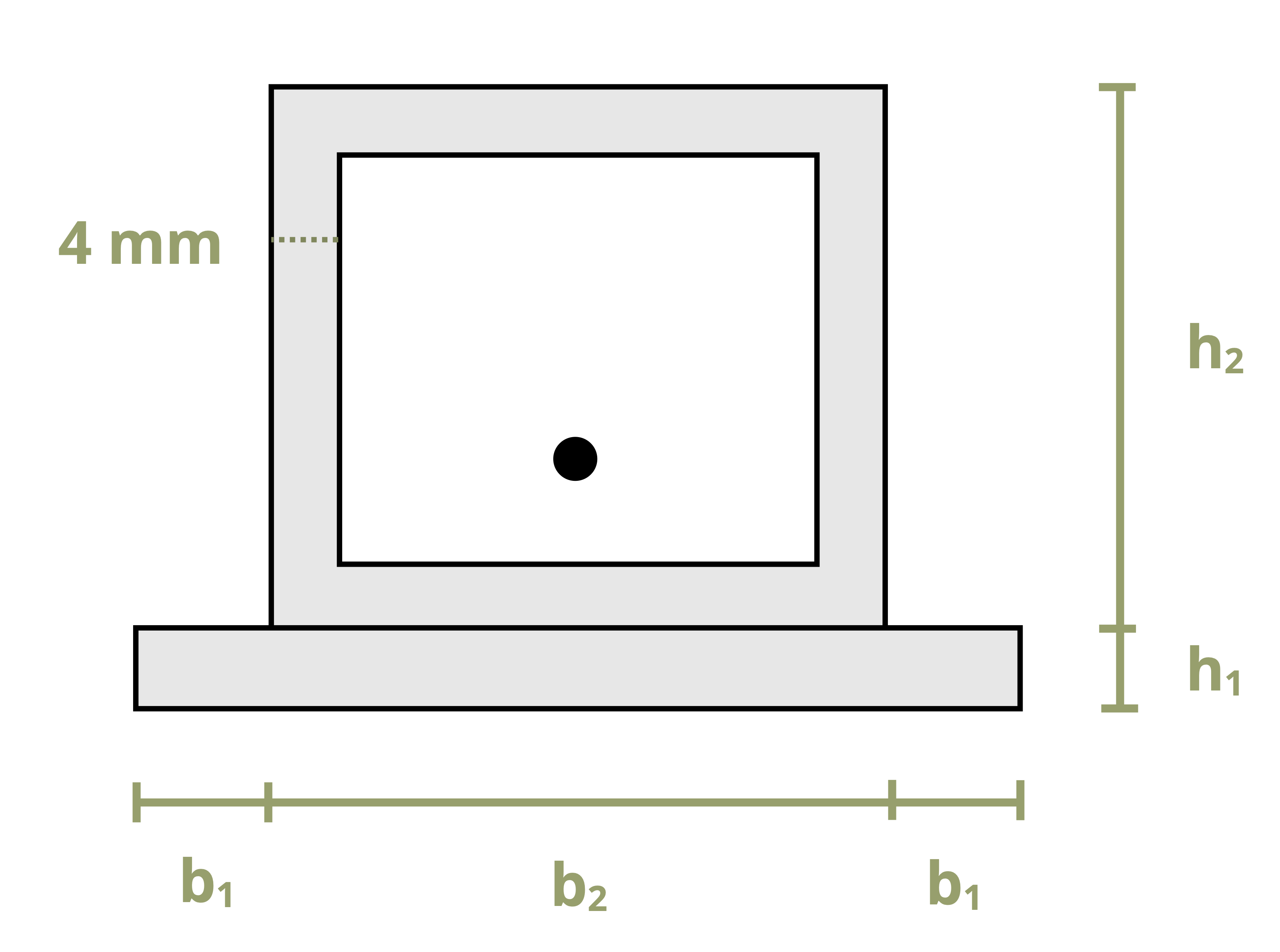 A composite cross section has a base of height h1 and a hollow square of height h2. The base is of length 2b1+b2 and the hollow square has a thickness of 4 mm.