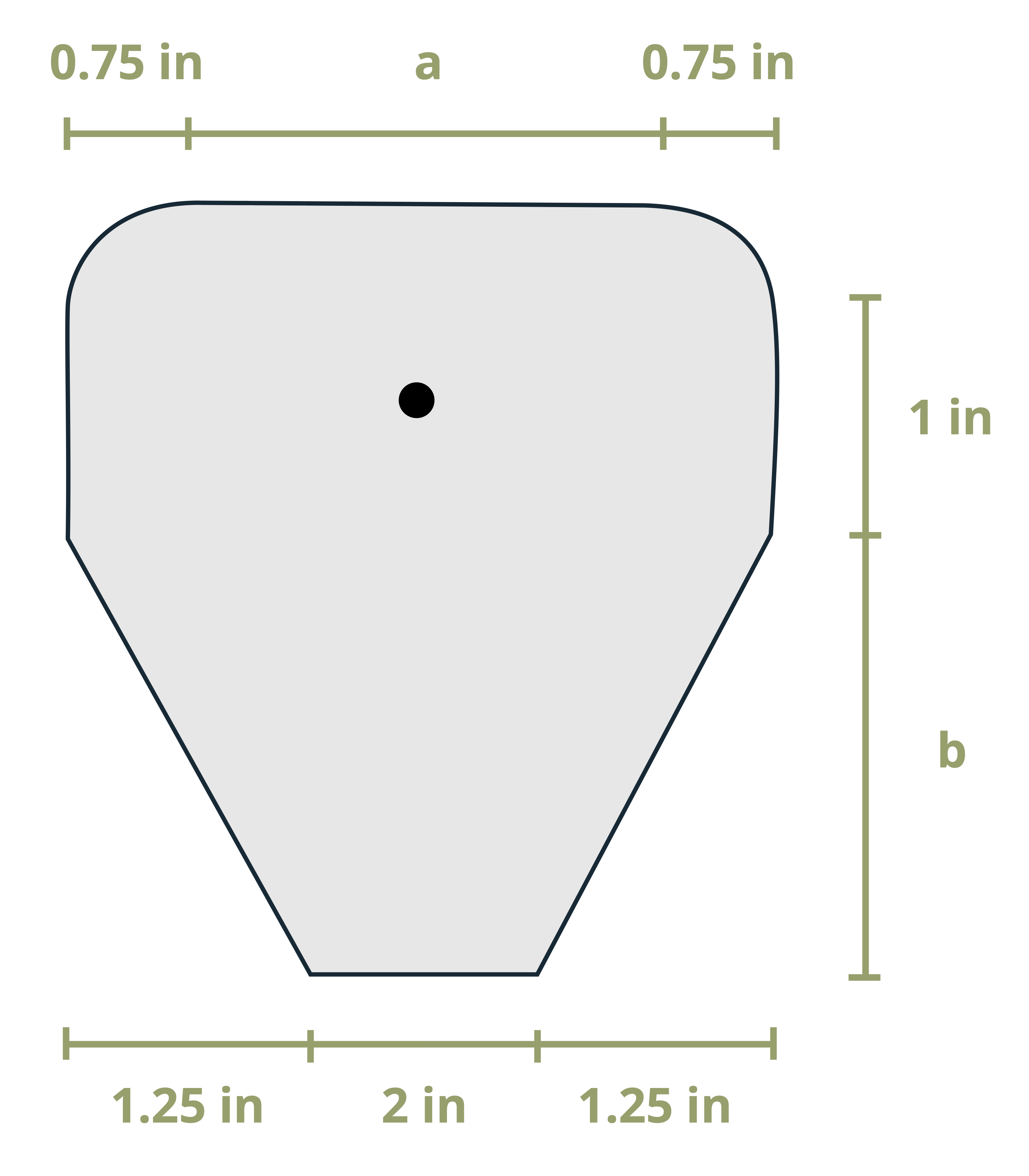 A cross section has a maximum width of 1.5+a and a maximum height of 1.75+b. The cross section has filets in the top two corners of radius 0.75 in. The cross section has two triangles on the bottom of height b and width 1.25 in.