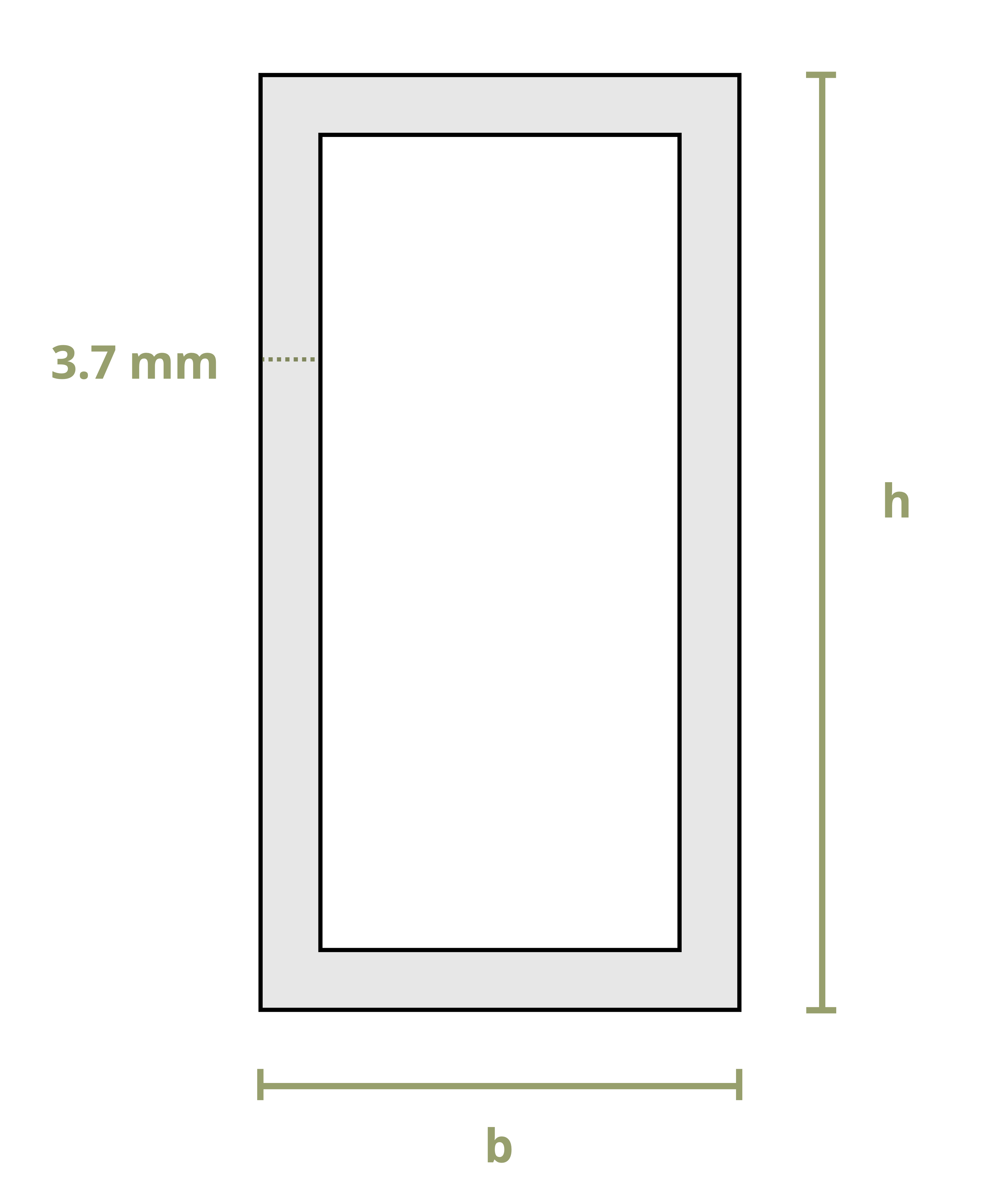 A window has a height of h and a base of b. The window has a uniform thickness of 3.7 mm.