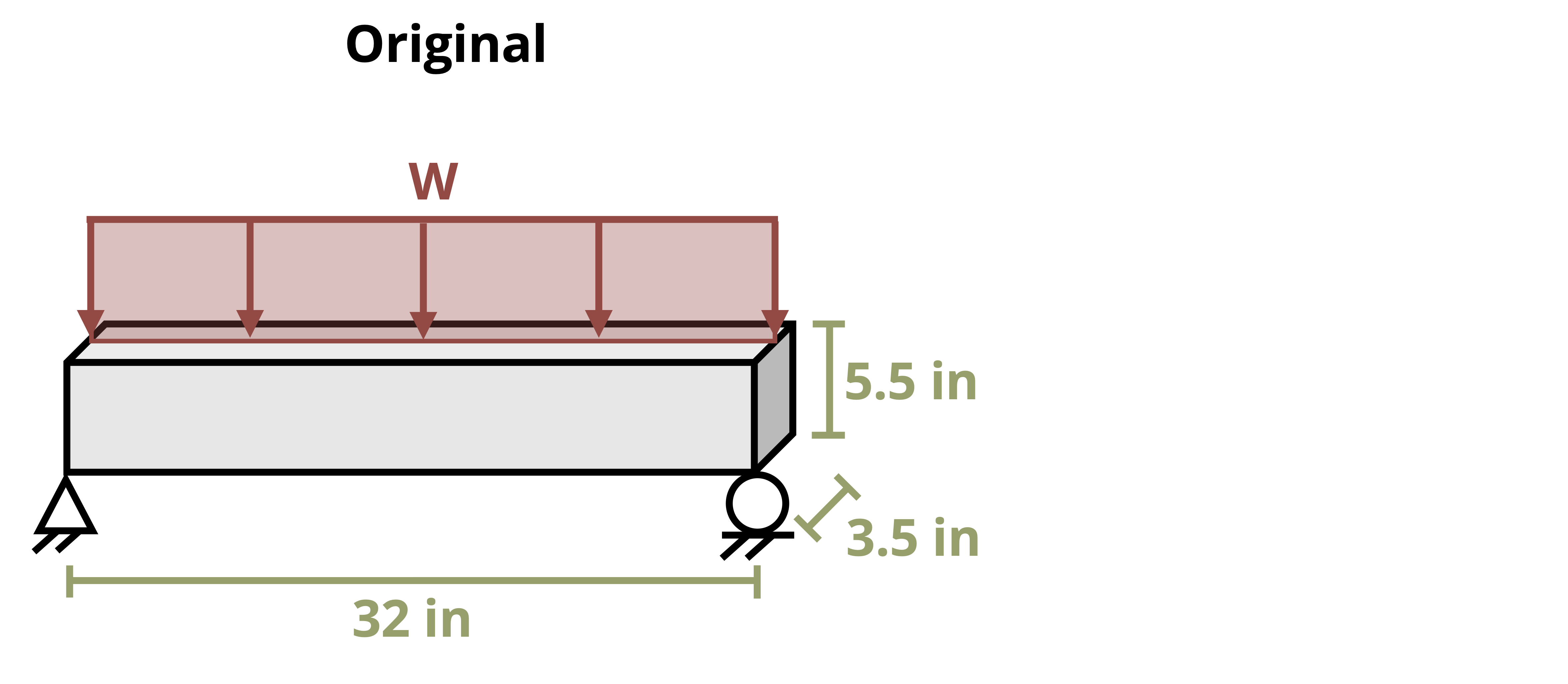 Picture with the original and proposed beam designs for a window opening. The original beam design has a length of L1, a width of 3.5 in and a height of 5.5 in. The proposed beam design has a length of L2, a width of 5.25 in and a height of h.